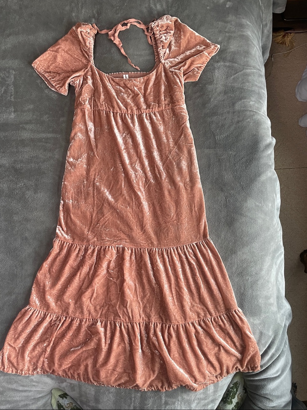 Anthropologie Crushed Velvet Tiered Midi Dress in Dusty Peach